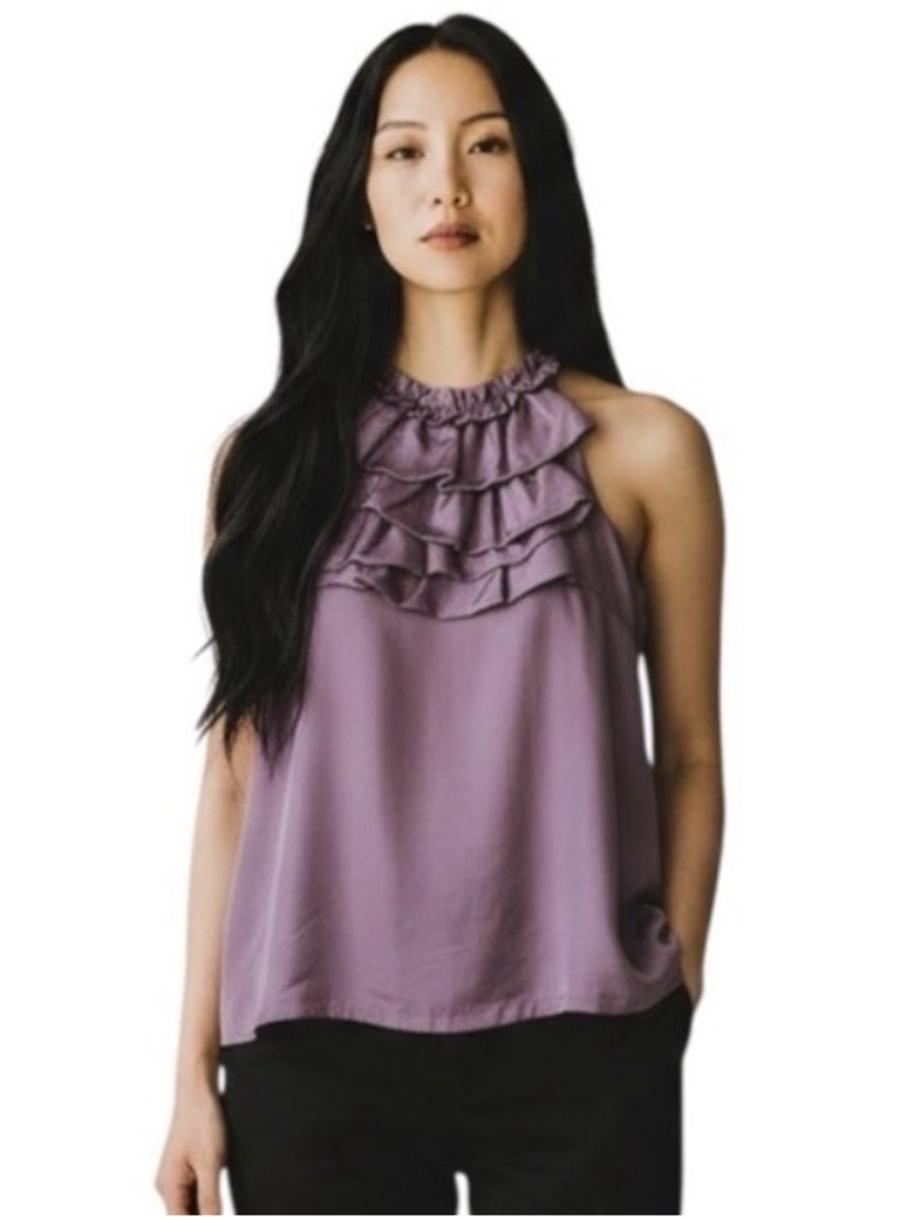 Elena Solano Purple Silk Halter Too With Ruffles Details size Medium